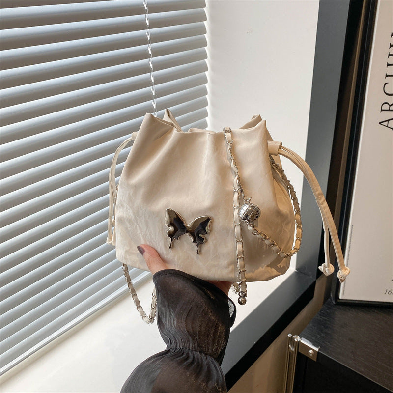 Summer Women Fashionable Solid Color Butterfly Decoration Drawstring Bucket Crossbody Bag