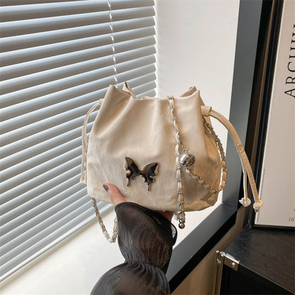 Summer Women Fashionable Solid Color Butterfly Decoration Drawstring Bucket Crossbody Bag