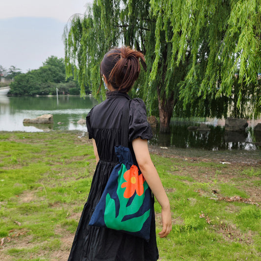 Women Fashion Valentine'S Day Creative Rose Drawstring Advanced Navy Blue Canvas Tote Bag