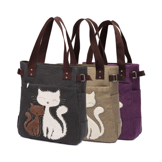 Fashion Ladies Rhinestone Cat Print Shoulder Canvas Bag