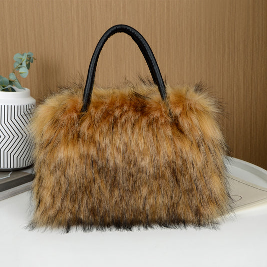Autumn Winter Women Fashionable Plush Faux Fur Large Capacity Handbag