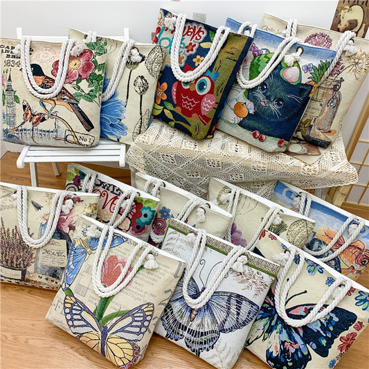 Women Fashion Double Sided Embroidered Canvas Bag Large Capacity Tote Bag