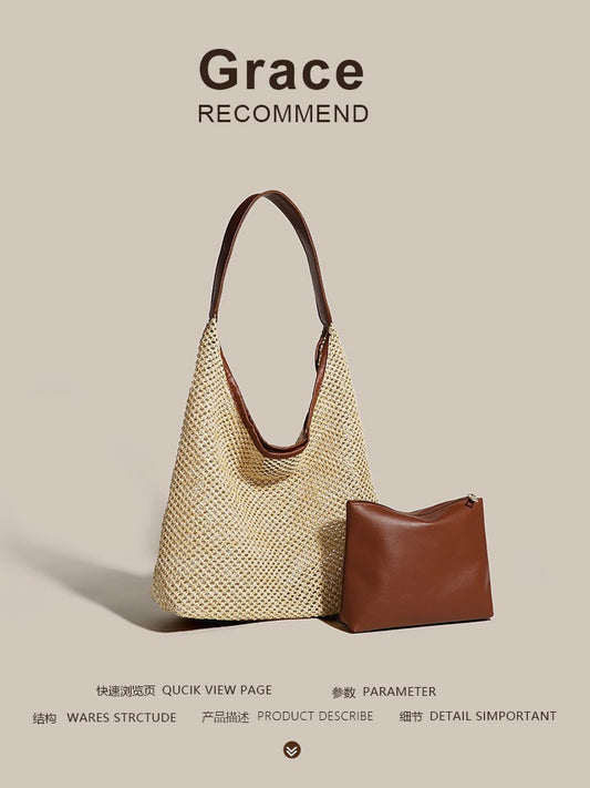 2 In 1 Vintage Straw Woven Women Summer Shoulder Bag