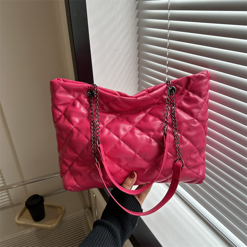 Women Fashionable Solid Color Rhombic Large Capacity Chain PU Tote Bag
