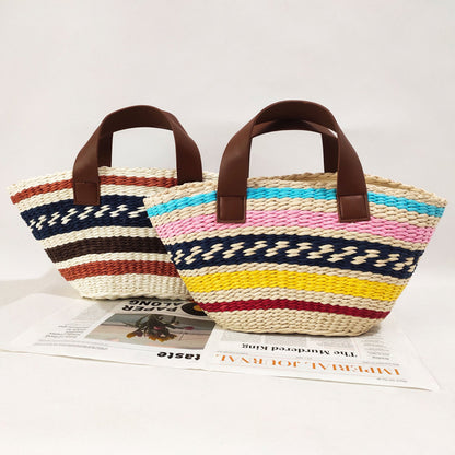 Women Fashion Bohemian Straw Bag Contrast Color Stripe Large Capacity Handbag