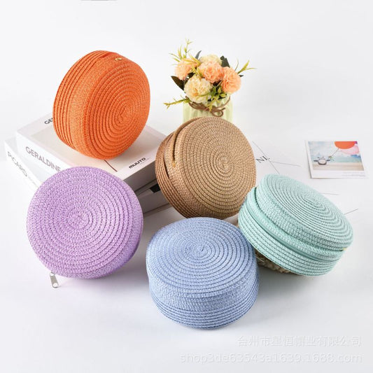 Summer Women Fashion Solid Color Vacation Beach Straw Woven Round Shoulder Crossbody Mini Bag