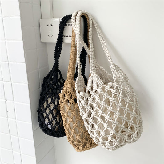 2 In 1 Beach Handbag Hollow Mesh Women Pastoral Design Solid Color Woven Shoulder Handle Bag