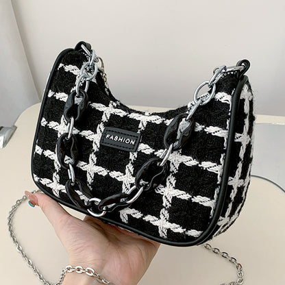 Women Fashion Black White Check Handbag