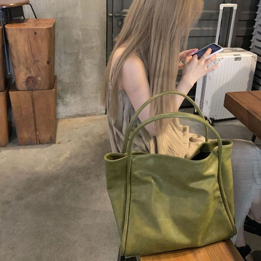 Women Fashionable Simple Solid Color Large Capacity PU Tote Bag