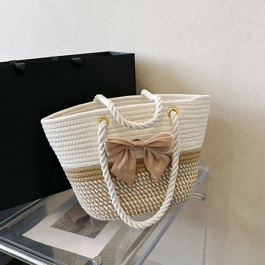 Sac fourre-tout en paille tissée avec nœud, style ethnique, grande capacité, tendance pour femmes 