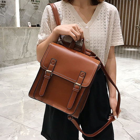 Women Vintage Flap Buckle Design Solid Color PU Square Backpack