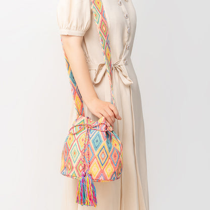 Women Bohemian Ethnic Style Jacquard Knitted Tassel Pendant Bucket Shoulder Bag