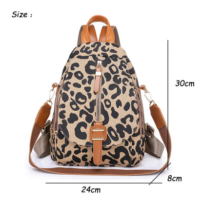 Women Fashion Leopard Pattern Zipper Design Multifunctional Large Capacity PU Backpack