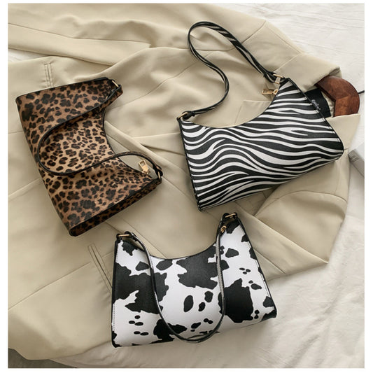 Women Chic Zipper Design Zebra Leopard Cow Pattern PU Underarm Bag