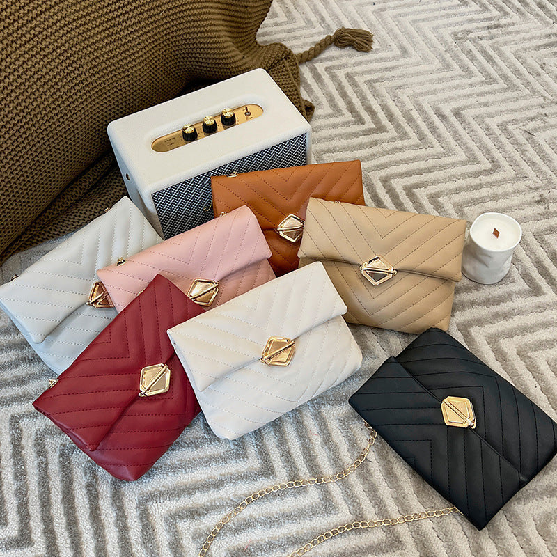 Women Fashion Basic Solid Color Pu Metal Lock Chain Crossbody Mini Square Bag