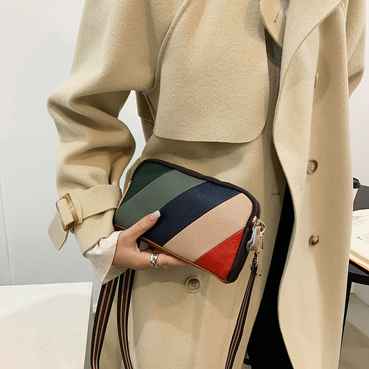 Women Casual Striped Color Blocking Zip Design PU Crossbody Bag