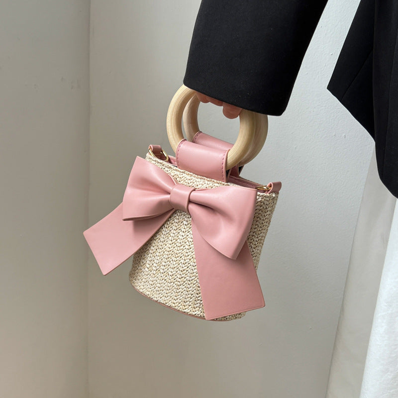 Sac seau en paille tissée avec nœud style bohème 