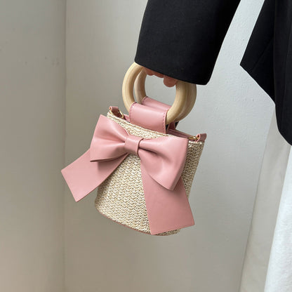 Sac seau en paille tissée avec nœud style bohème 
