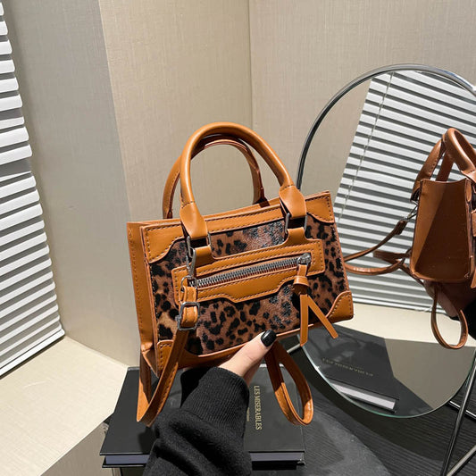 Sac à main carré léopard à fermeture éclair pour femme, décontracté et simple 