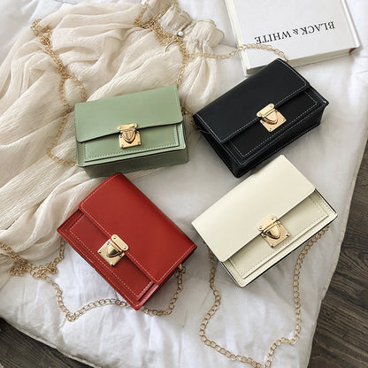 Women Fashion Solid Color Flip Lock Square Chain Crossbody Bag