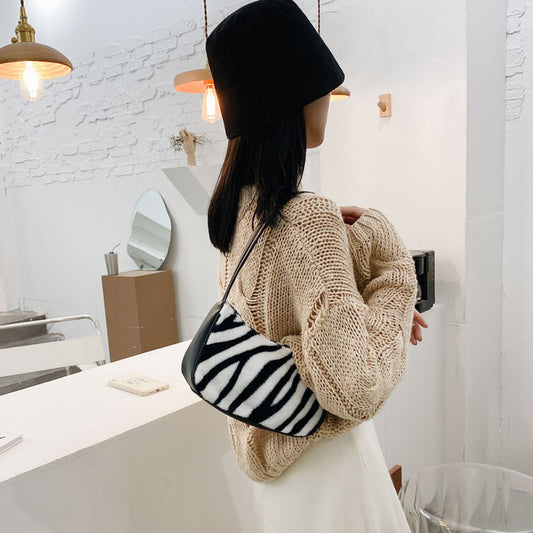 Women Fashion Chic Zebra Cow Pattern Plush Underarm Bag