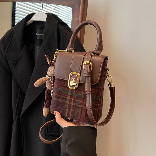 Women Fashion Woolen Plaid Flap Cartoon Pendant Shoulder Crossbody Bag