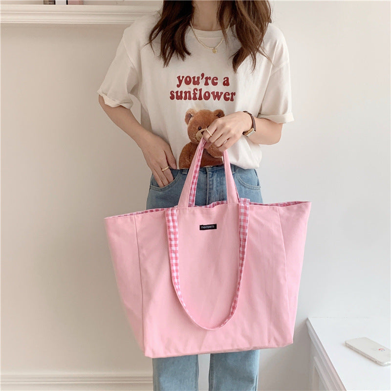 Women Casual Design Plaid Pattern Canvas Large Capacity Shoulder Handle Tote Bag