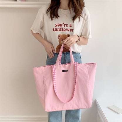 Women Casual Design Plaid Pattern Canvas Large Capacity Shoulder Handle Tote Bag