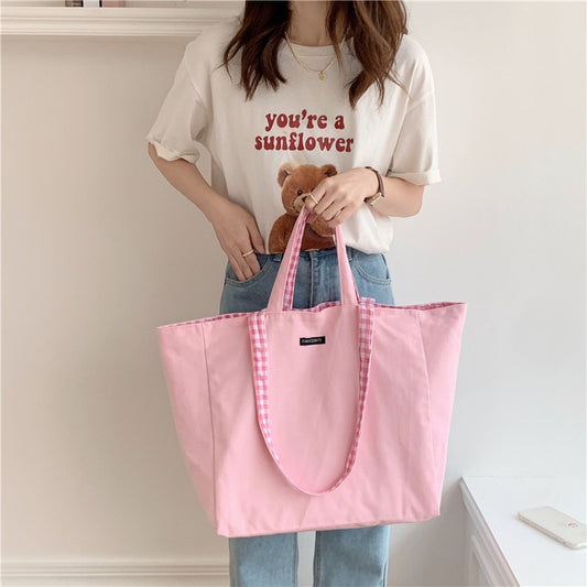 Women Casual Design Plaid Pattern Canvas Large Capacity Shoulder Handle Tote Bag