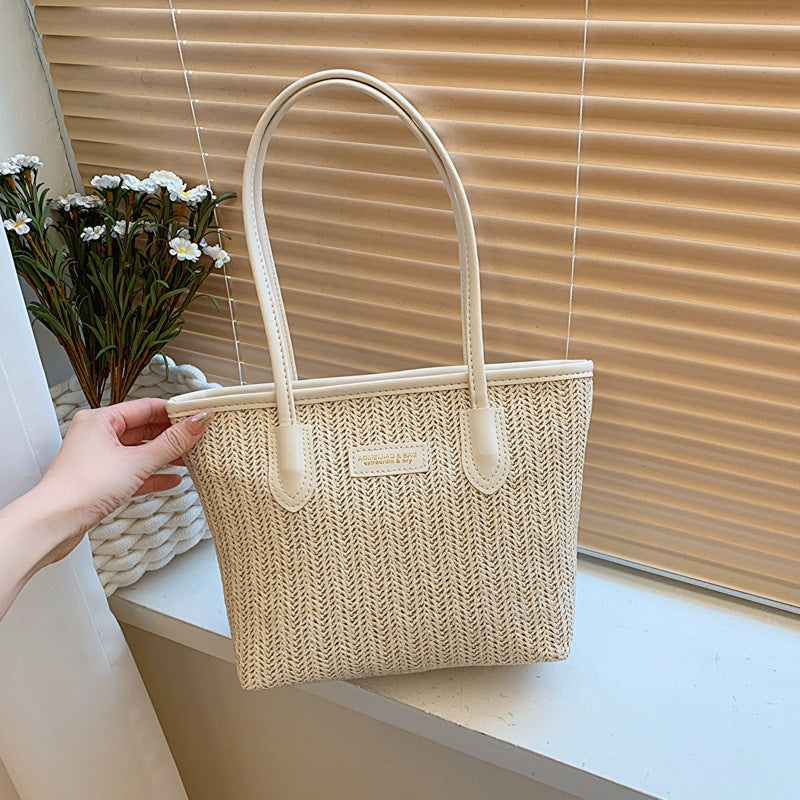 Summer Women Fashionable Solid Color Straw Woven Large Capacity Tote Bag