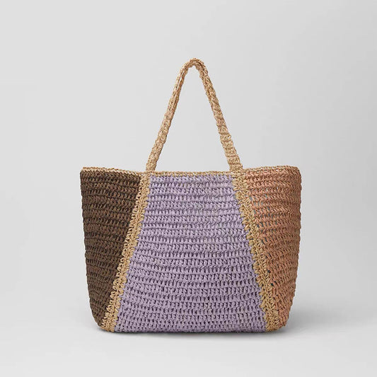 Sac fourre-tout de plage tissé en paille de couleur contrastée, grande capacité, tendance, pour les vacances 