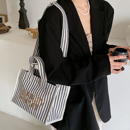 Sac fourre-tout décontracté en toile à rayures pour femme, grande capacité