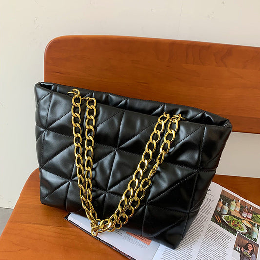 Women Basic Casual Chain Design Solid Color Large Capacity PU Tote Shoulder Bag