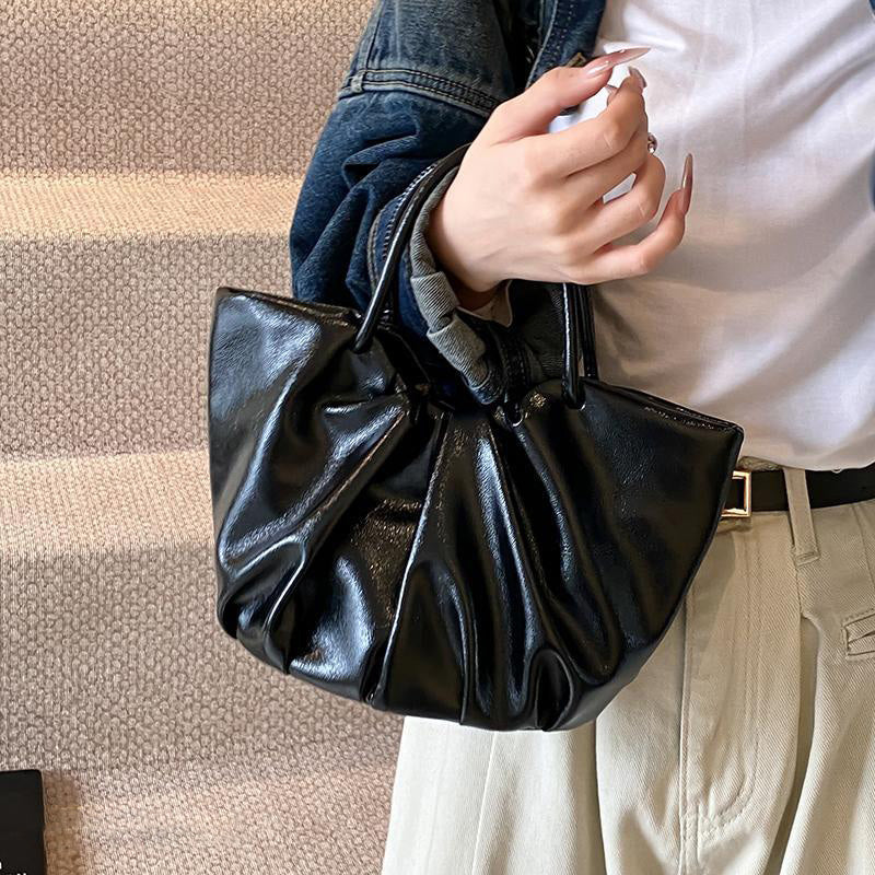 Sac à main plissé en cuir ciré à l'huile de couleur unie rétro pour femme 