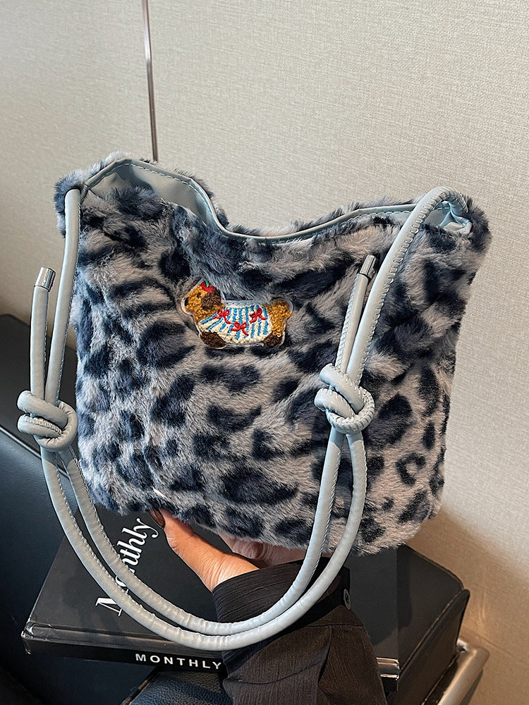 Sac à bandoulière en peluche léopard grande capacité pour femme 