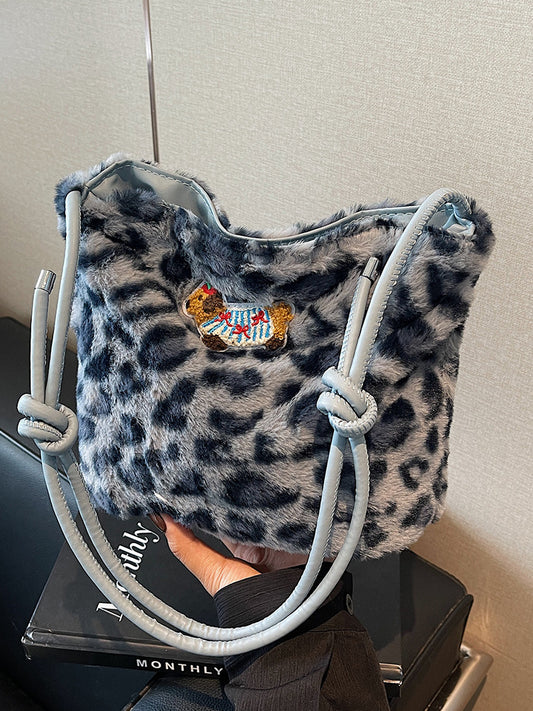 Women Fashion Cute Large-Capacity Leopard Plush Shoulder Bag