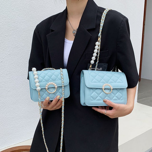 Women Fashion Casual Pearl Chain Rhomboid Embroidery Shoulder Bag