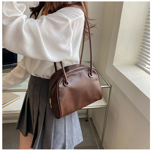 Women Vintage Solid Color Zip PU Shoulder Bag