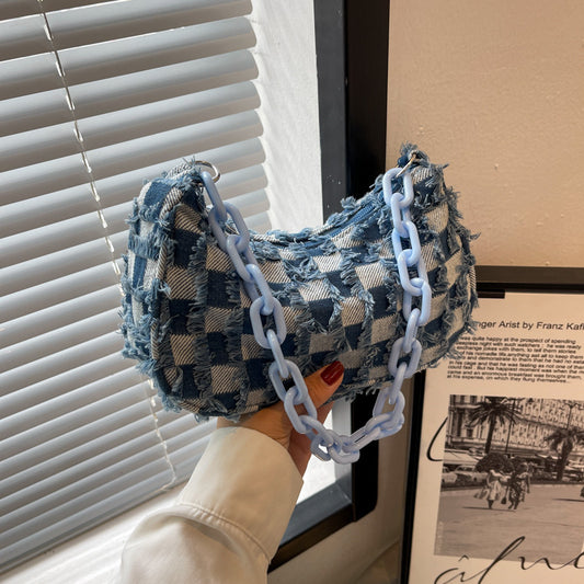 Sac à bandoulière simple et décontracté à pompons pour femme, à carreaux, avec chaîne, pour l'été 