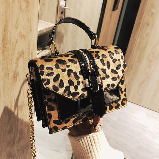 Women Chic Zipper Design Chain Design Leopard Pattern Square Crossbody Handle Bag