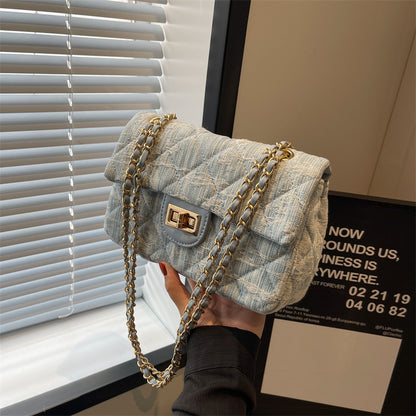 Women Fashion Casual Plaid Denim Chain Crossbody Bag