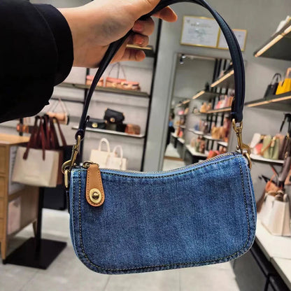 Women Fashion Casual Denim Zipper Baguette Shoulder Bag