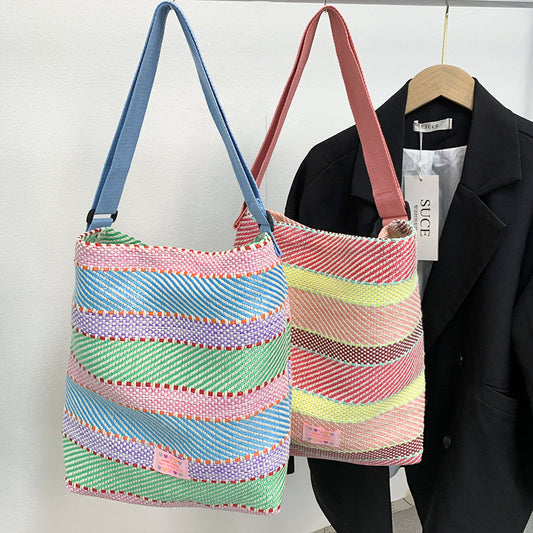 Sac fourre-tout en paille tissée à rayures et blocs de couleurs pour femme 