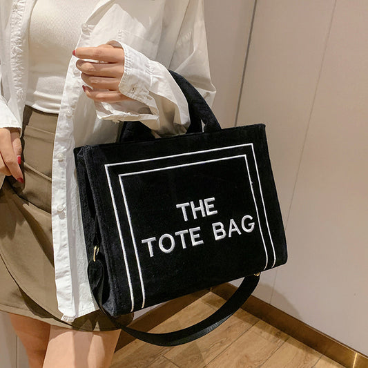 Women Winter Fashion Plush Large Capacity Letter Embroidery Tote Bag