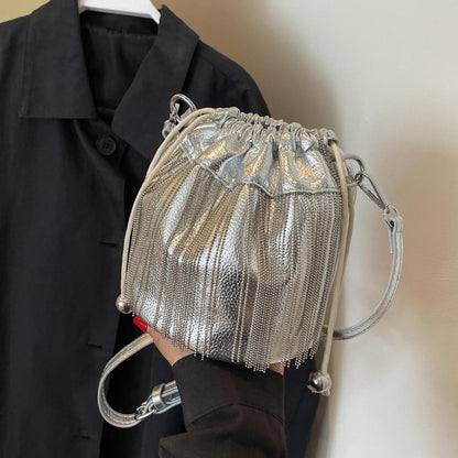 Women Fashion Casual Solid Color Tassels Bucket Shoulder Bag