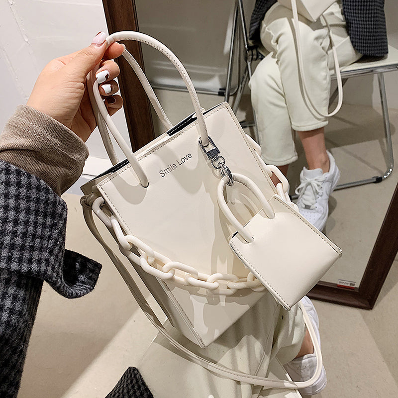 2 In 1 Women Fashion Basic Chain Decorative Solid Color PU Handle Bag