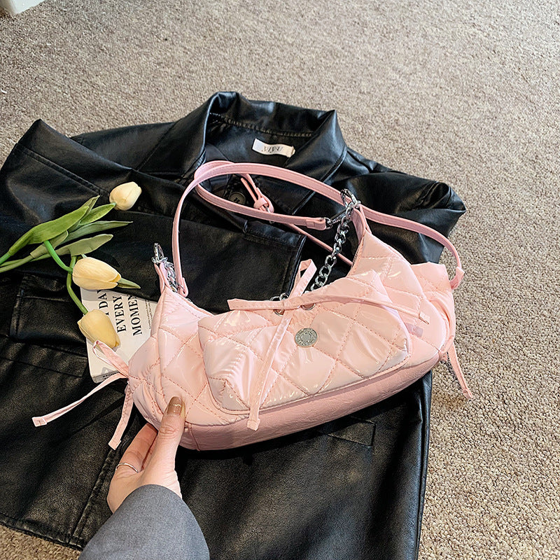 Women Fashion Solid Color Rhomboid Chain Saddle Shoulder Bag