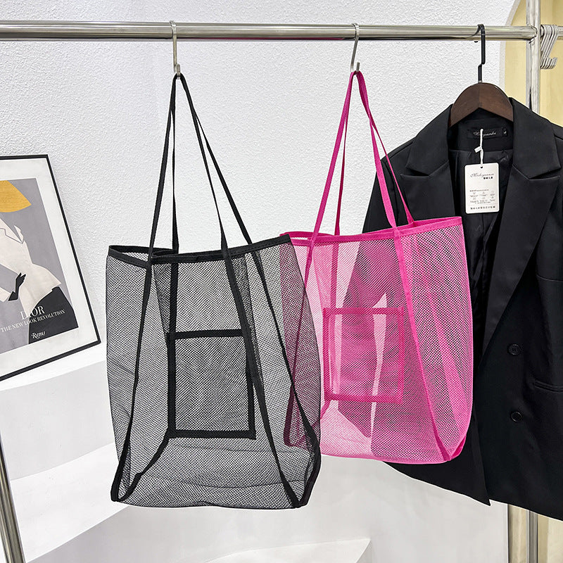Fashion Solid Color Mesh Transparent Large Capacity Shopping Beach Bag