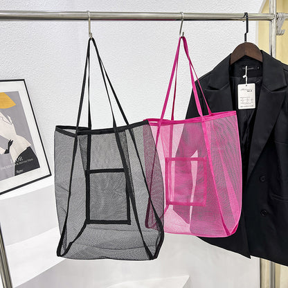 Fashion Solid Color Mesh Transparent Large Capacity Shopping Beach Bag