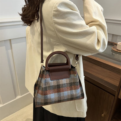 Sac seau décontracté à bandoulière en laine à carreaux rétro pour femme 